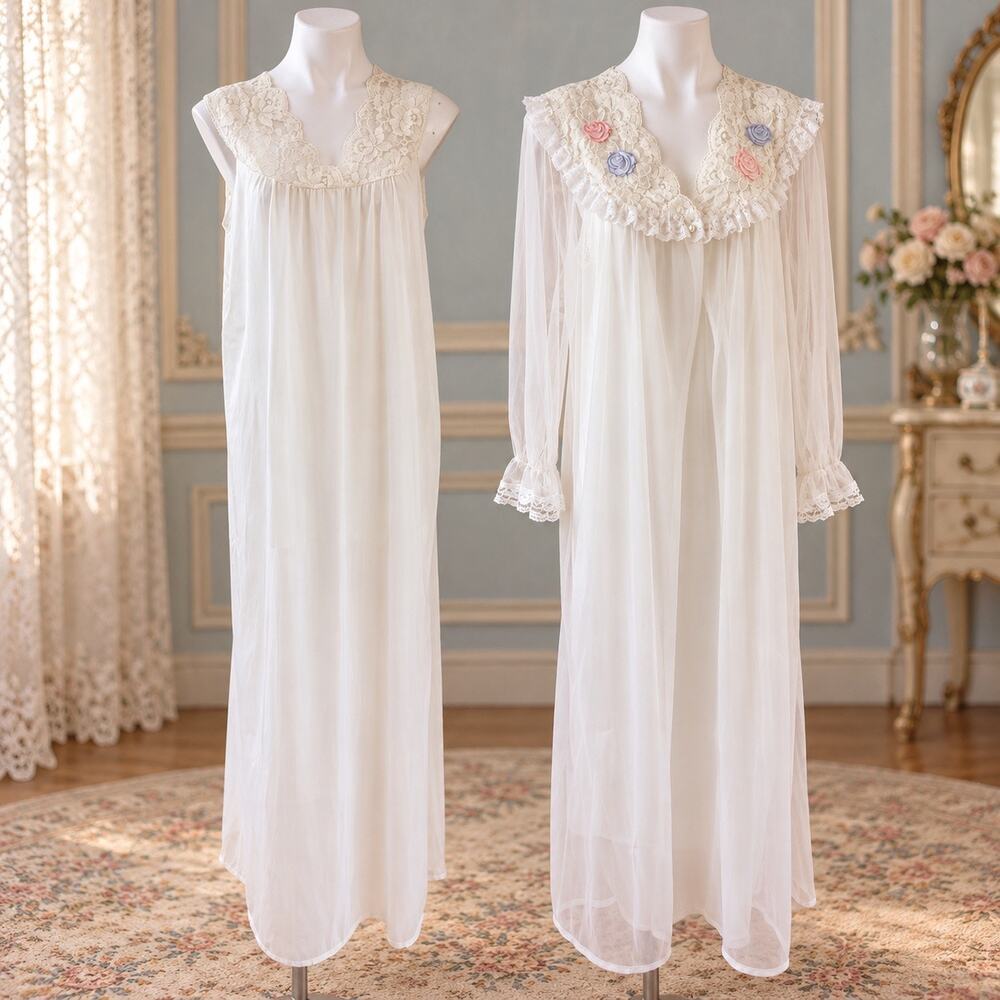 Vintage Spotlight 1980s Sheer Chiffon Lace Peignoir Robe Nightgown Set Sz Medium